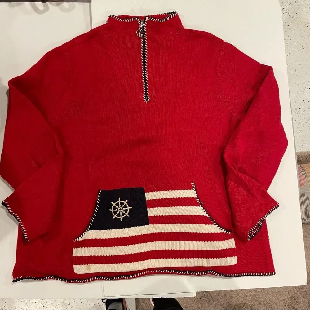 Cute Y2K oversized cozy sweater ‘Merica Red 1/4 zip chunky nautical pocket - Picture 8 of 8